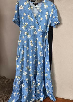 Платье сарафан миди лето цветочный принт длинное легкое голубое небесное нежное