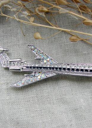 Велика брошка літак срібляста велика брошка у вигляді літака зі стразами. колір срібло5 фото