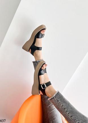 Женские босоножки, черный/беж, натуральная кожа