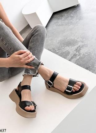 Женские босоножки, черный/беж, натуральная кожа