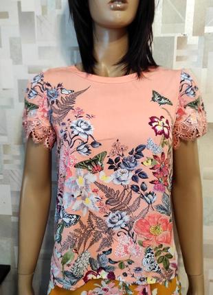 Натуральна персикова блуза з квітковим принтом та мереживом oasis, нежная блуза с цветочным принтом