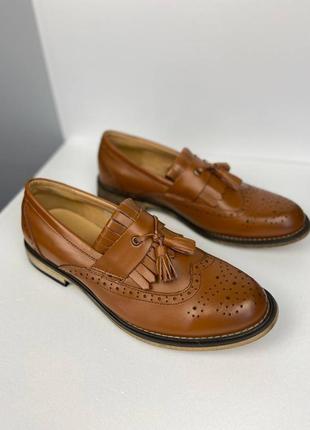 Мужские туфли броги без шнурков из натуральной кожи коричневые7 фото
