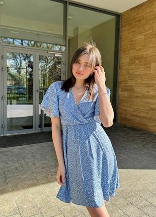 Платье женское короткое мини свободное легкое летнее цветочное базовое зеленое хаки синее голубое повседневное нарядное хлопковое