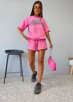 🎨4 цвета! качественный стильный женский костюм бруклин розовый розовый футболка шорты1 фото