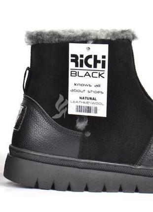 Угги мужские зимние кожаные richi black натуральный мех на липучке черные2 фото