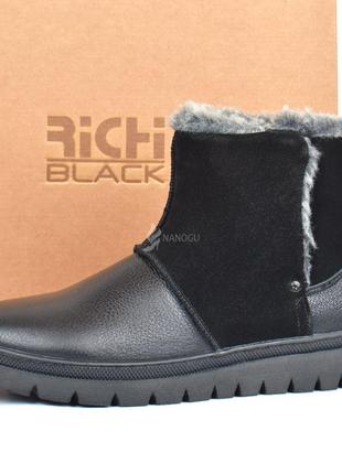Угги мужские зимние кожаные richi black натуральный мех на липучке черные5 фото