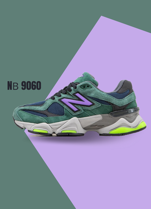 Замшевые кроссовки new balance 9060. унисекс. цвет зеленый с фиолетовым и салатовым.