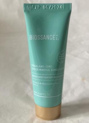 Сонцезахисний крем biossance squalane + zinc sheer mineral sunscreen spf 30 pa +++, 20 мл