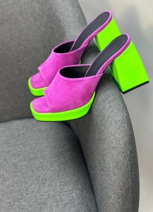 Шльопанці сабо із натуральної італійської шкіри та замші жіночі на підборах