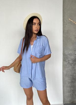 Летний костюм женский шорты и рубашка голубой цвет лен