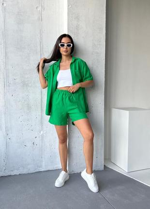 Зеленый летний костюм женская рубашка и шорты лен бохо s, m, l10 фото