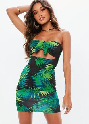 Платье в принт листьев пальмы тропическое платье мини бандо