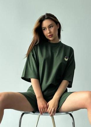 Костюм спортивный женский зеленый однотонный оверсайз футболка шорты на высокой посадке качественный стильный