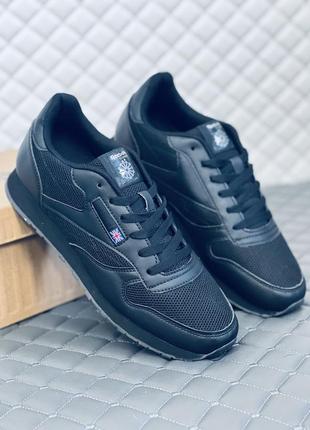 Reebok classic leather black кросівки чоловічі літні чорні рібок класік сітка