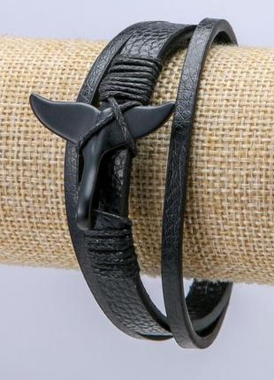 Чоловічий браслет хвіст чорна еко-шкіра s-9мм+- чорні вставки l-22см