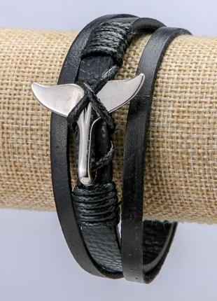 Мужской браслет хвост черная эко-кожа s-9мм+- серебристые вставки l-22см1 фото