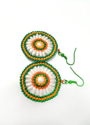Легкі круглі сережки різнокольорові етно стиль зелені білі помаранчеві