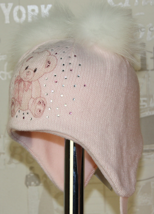 Зимняя шапка с стразами и двумя натуральными помпонами италия2 фото