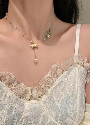 Нежное колье с цветами бусинами цепочка золотистая под ретро винтаж ожерелье цепочка на шею цветок