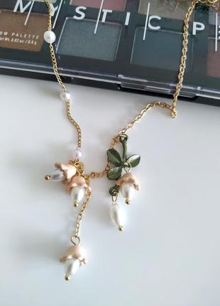 Нежное колье с цветами бусинами цепочка золотистая под ретро винтаж ожерелье цепочка на шею цветок2 фото