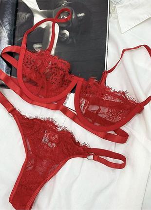 Ажурний комплект жіночої білизни балконет m червоний (0019/20)