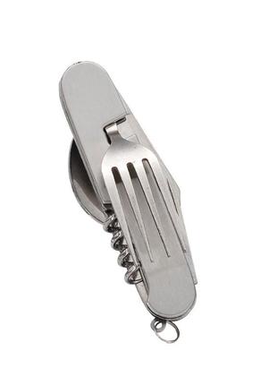 Серый складной мультитул для туризма: 6 в 1 - ложка, вилка, нож, открывалка, штопор в одном удобном наборе