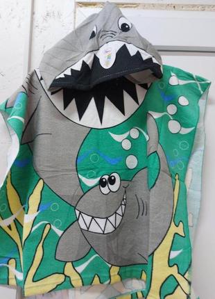 Детское пляжное полотенце пончо  микрофибра акула