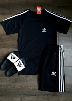 Комплект чоловічий футболка+шорти+тапки  adidas summer black
