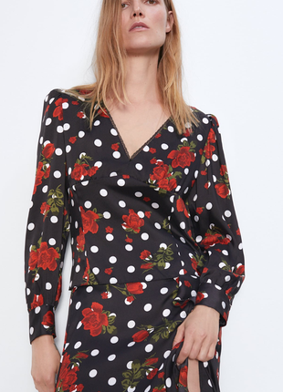 Сатиновая винтажная блузка в горошек и принт розы рукав фонарик