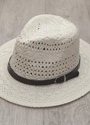 Взрослая летняя соломенная шляпа федора белая с ремешком 56-58р (670)2 фото