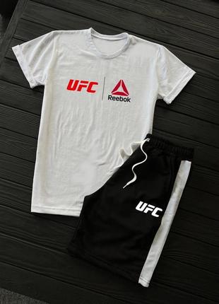 Летний белый спортивный костюм с принтом reebok ufc літній спортивний костюм reebok ufc рібок біла футболка чорні шорти