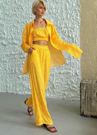 Костюм-трійка жіночий брючний штанецьковий бавовняний літній сорочка-топ-штани жовтий у принт2 фото