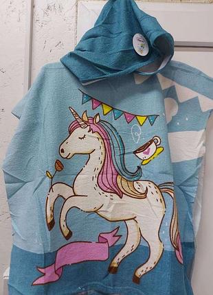 Детское пляжное полотенце пончо микрофибра голубой единорог