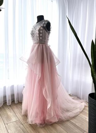 Вечірня випускна довга рожева сукня з шлейфом