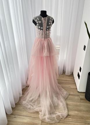 Вечірня випускна довга рожева сукня з шлейфом