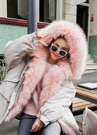 Курточка-парка женская "серая с пушистым розовым мехом на капюшоне" оверсайз4 фото
