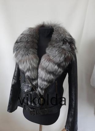 Куртка косуха з натуральним хутром чорнобурки4 фото