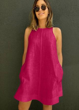 Платье женское короткое мини базовое розовое голубое черное летнее легкое на лето повседневное без рукава свободное льняное3 фото