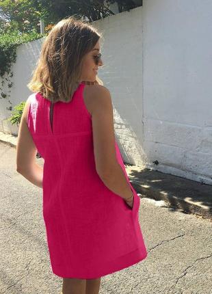 Платье женское короткое мини базовое розовое голубое черное летнее легкое на лето повседневное без рукава свободное льняное2 фото