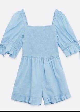 Бавовняний блакитний літній короткий комбінезон ромпер
