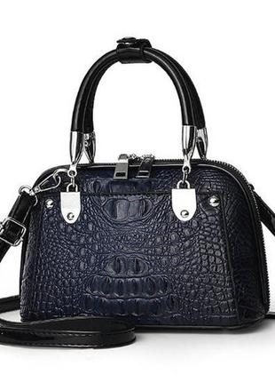 Модна жіноча міні сумочка через плече рептилія, сумочка клатч зміїна лакова, сумка-клатч крокодил синій2 фото