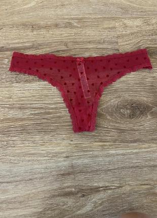 Шикарные трусики, бикини, ажурные, в сеточку, красного цвета, с бархатными сердечками, от бренда: censored 👌