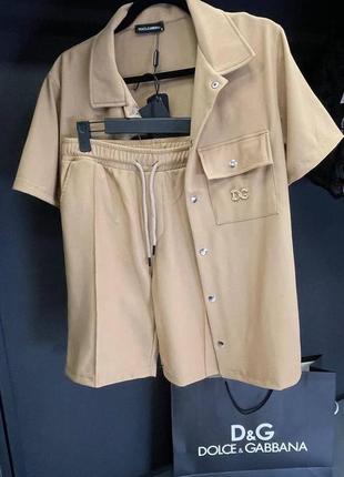 Чоловічий комплект dolce x gabbana / якісний комплект сорочка + шорти в бежевому кольорі на літо3 фото