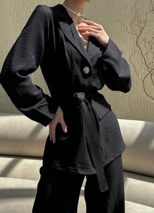 Костюм двойка женский брючный льняной летний оверсайз пиджак с поясом брюки - палаццо черный2 фото