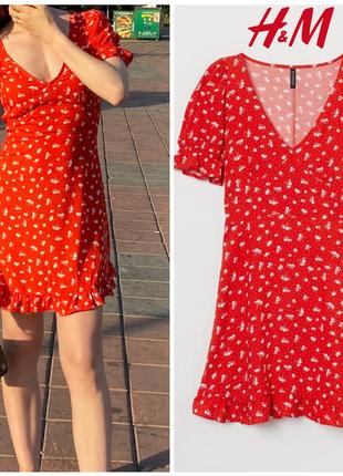 Изысканное летнее платье/ сарафан/ платье из визкозы красное в цветы h&amp;m