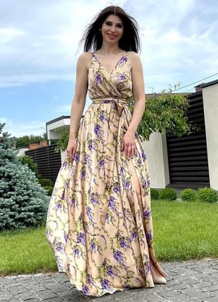 Плаття жіноче довге на запах на тонких бретелях шовковий колір — золото квіткове4 фото