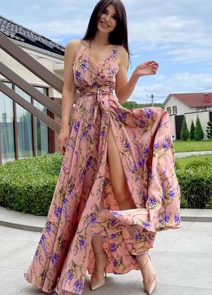 Платье женское длинное на запах на тонких бретелях шелковое пудра цветочное