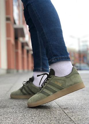 Мужские, замшевые кеды adidas gazelle khaki green1 фото