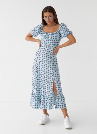 Женское летнее длинное цветочное бирюзовое платье с оборкой m