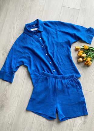 Костюм муслиновый с шортами рубашка синий5 фото